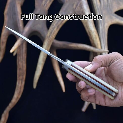 Knives Ranch 9-1/2" Handmade Hunting Knfie - Full Tang Camping Knife - Damascus Bushcraft Knife - Cattle Bone Handle - Heavy-duty Leather Sheath (2151-B) in Saudi Arabia