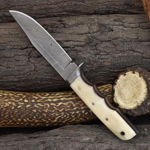 Knives Ranch 9-1/2" Handmade Hunting Knfie - Full Tang Camping Knife - Damascus Bushcraft Knife - Cattle Bone Handle - Heavy-duty Leather Sheath (2151-B) in Saudi Arabia