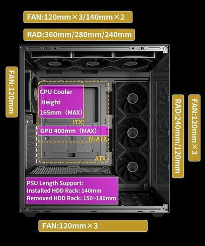 حافظة كمبيوتر MUSETEX ATX مع 7 مراوح PWM ARGB مثبتة مسبقًا تتميز بتصميم مرآة لا متناهية، وحقيبة كمبيوتر متوسطة البرج من النوع C مع زجاج مقوى مزدوج الرؤية بالكامل، وحقيبة كمبيوتر للألعاب، باللون الأسود (K2) in Kuwait