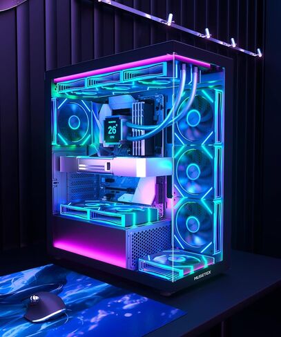 حافظة كمبيوتر MUSETEX ATX مع 7 مراوح PWM ARGB مثبتة مسبقًا تتميز بتصميم مرآة لا متناهية، وحقيبة كمبيوتر متوسطة البرج من النوع C مع زجاج مقوى مزدوج الرؤية بالكامل، وحقيبة كمبيوتر للألعاب، باللون الأسود (K2) in Kuwait