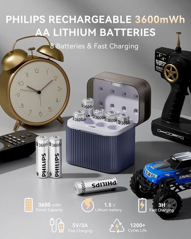 PHILIPS 8-Pack Rechargeable AA Lithium Batteries, 1.5V 3600mWh Double A Li-ion with 1200 Long Cycle Life, Compatible with Game Controllers, Remotes & Household Electronics in Saudi Arabia