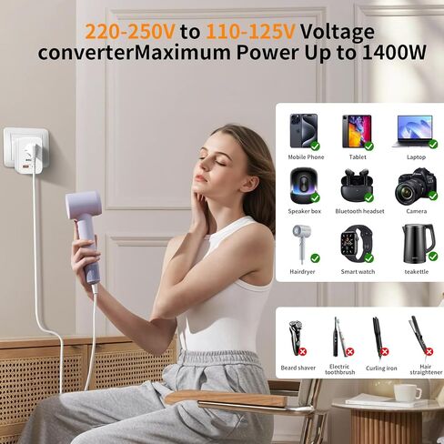220 V to 110 V Voltage Converter, 20 W PD, Reduces 220 V to 120 V, U.S. to Europe Travel Converter for Over 80 Countries, Including Most European Countries, France, Germany, Italy and Australia in Kuwait