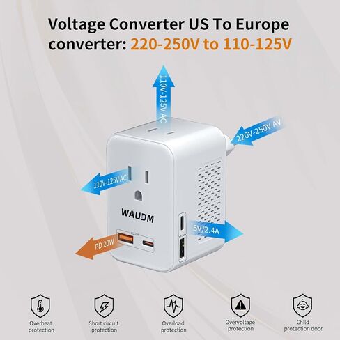 220 V to 110 V Voltage Converter, 20 W PD, Reduces 220 V to 120 V, U.S. to Europe Travel Converter for Over 80 Countries, Including Most European Countries, France, Germany, Italy and Australia in Kuwait