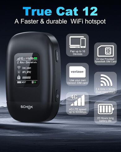 SCHOK 4G LTE Portable WiFi - Cat 12 Mobile Hotspot Travel Router, 600Mbps Download High Speed, Dual Bands (2.4GHz/5GHz), Compatible with Verizon, T-Mobile, AT&T in Saudi Arabia
