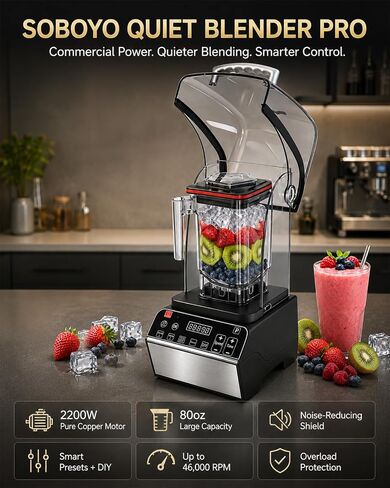 Quiet Blender, 80 oz Commercial Countertop Blender with Noise-Reducing Shield, 2200W Pure Copper Motor, 46000RPM, 6 Presets, DIY Control, Self-Cleaning for Smoothies, Ice Crushing, Puree,Food,Kitchen in Saudi Arabia