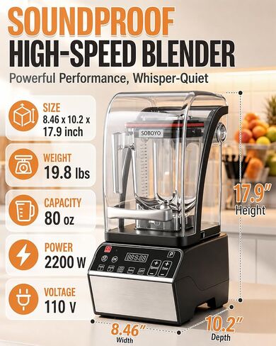Quiet Blender, 80 oz Commercial Countertop Blender with Noise-Reducing Shield, 2200W Pure Copper Motor, 46000RPM, 6 Presets, DIY Control, Self-Cleaning for Smoothies, Ice Crushing, Puree,Food,Kitchen in Saudi Arabia