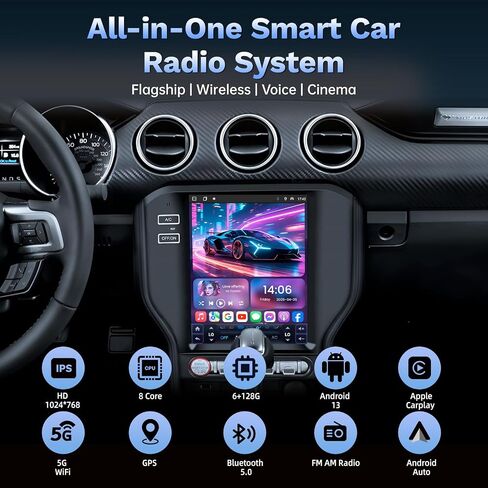 8 Core Android Car Stereo for Ford Mustang 2015-2025 - 12.1Inch Vertical Screen Custom Fit Head Unit with Wireless CarPlay Android Auto 6+128G 5G WiFi DSP SWC in Saudi Arabia