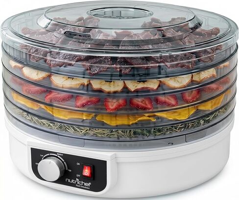 NutriChef Electric Countertop Food Dehydrator - Multi-Tier High-Heat Circulation Professional Food Preserver, Fruit, Vegetable Dryer, Meat or Beef Jerky Maker w/ 5 Stackable Trays - AZPKFD12 in Kuwait