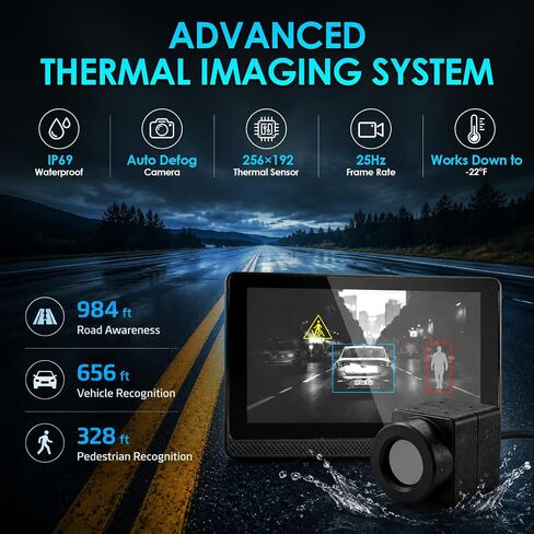 Thermal Camera for Cars, 256 x 192 Automotive Thermal Night Vision System with 685ft Long-Range Vision, AI Recognition of People/Vehicles/Animals IP69 Waterproof in Saudi Arabia