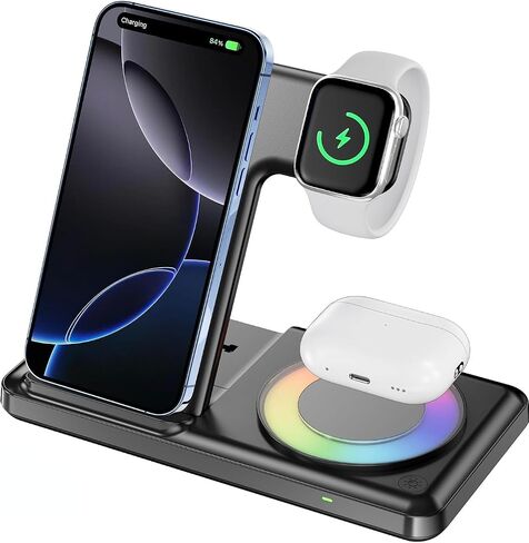 Wireless Charging Station with RGB Light for iPhone 17 16 15 14 Pro Max 13 12, Travel 3 in 1 Wireless Charger Stand for Apple Multiple Devices, iWatch 11 10 9 8 7 6 5 4 3 2, Airpods 4 3 Pro Black in Saudi Arabia