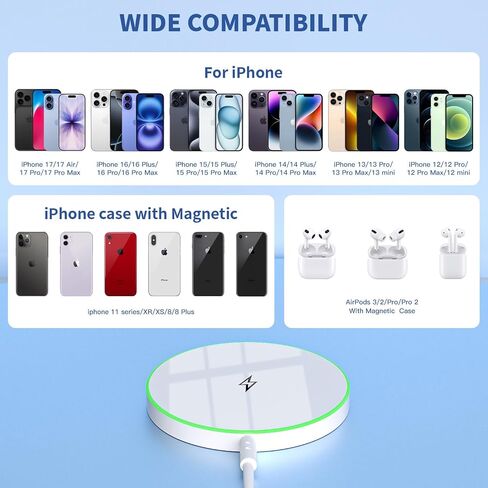 Magnetic Wireless Charger for iPhone 17 with LED Light,10FT Long Mag-Safe Charger Magnetic Charging Pad with USB C PD Adapter Fast Charging for iPhone 17/17 Air/17 Pro Max/Pro/16/15/14/13/12,AirPods in Saudi Arabia