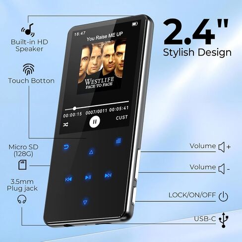 64GB MP3 Player with Bluetooth 5.3 for Kids, 2.4''Screen, Built-in Speaker in Saudi Arabia