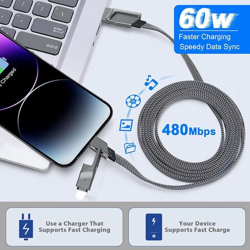 [2-Pack] 60W Multi Charging Cable 6FT, 4 in 1 USB C Cable Fast Charging Cord, Flat Braided Dual Type C & Lightning Multi Charger for iPhone 17 16 15 Pro Max/Air, Samsung S24 S23, Pixel, Car & Travel in Kuwait