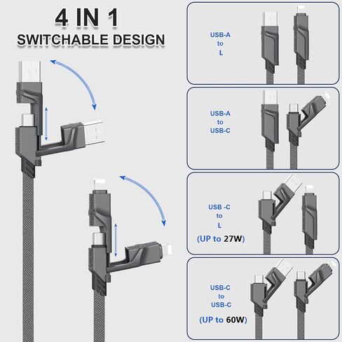 [2-Pack] 60W Multi Charging Cable 6FT, 4 in 1 USB C Cable Fast Charging Cord, Flat Braided Dual Type C & Lightning Multi Charger for iPhone 17 16 15 Pro Max/Air, Samsung S24 S23, Pixel, Car & Travel in Kuwait