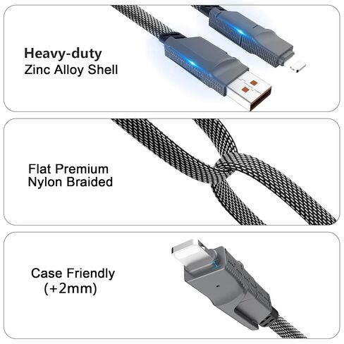 [2-Pack] 60W Multi Charging Cable 6FT, 4 in 1 USB C Cable Fast Charging Cord, Flat Braided Dual Type C & Lightning Multi Charger for iPhone 17 16 15 Pro Max/Air, Samsung S24 S23, Pixel, Car & Travel in Kuwait