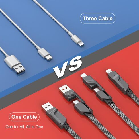 [2-Pack] 60W Multi Charging Cable 6FT, 4 in 1 USB C Cable Fast Charging Cord, Flat Braided Dual Type C & Lightning Multi Charger for iPhone 17 16 15 Pro Max/Air, Samsung S24 S23, Pixel, Car & Travel in Kuwait