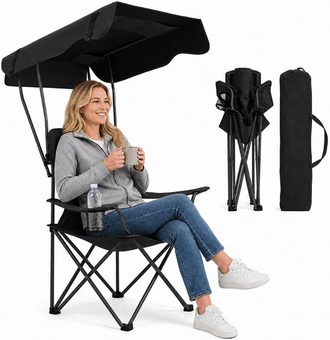 Folding Camping Chair with Canopy, Oversized Portable Beach Chair with Cup Holder for Outdoor,Camping, Beach, Picnics, Fishing & Sports in Saudi Arabia