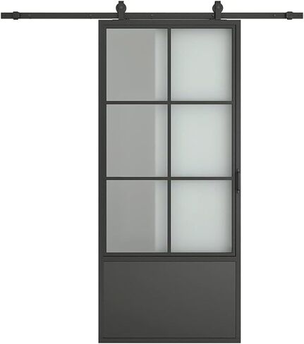 30 in. x 84 in. 3/4 Lites Frosted Glass Black Steel Frame Interior Barn Door with Sliding Hardware Kit and Door Handle in Kuwait