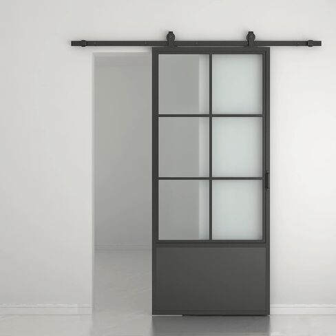 30 in. x 84 in. 3/4 Lites Frosted Glass Black Steel Frame Interior Barn Door with Sliding Hardware Kit and Door Handle in Kuwait
