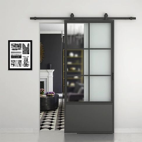 30 in. x 84 in. 3/4 Lites Frosted Glass Black Steel Frame Interior Barn Door with Sliding Hardware Kit and Door Handle in Kuwait