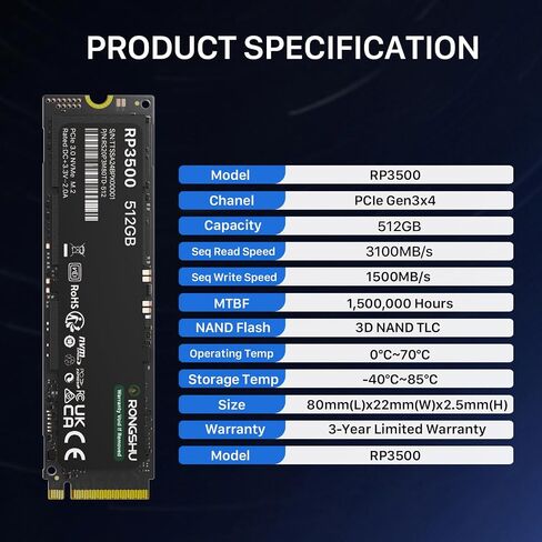 1TB NVMe SSD M.2 SSD PCIe 3.0×4, Read Up to 3,500 MB/s, M.2 2280 Internal Soild State Drive, SLC Cache 3D NAND TLC, Compatible with Laptop and PC Desktops (RP3500) in Kuwait