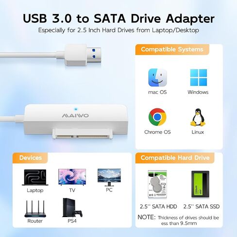 MAIWO SATA to USB Cable, USB 3.0 to 2.5 Inch SATA I/II/III Hard Drive Adapter, USB Type-A to SATA SSD/HDD Reader, External Hard Drive Converter up to 8TB Capacity, White in Kuwait