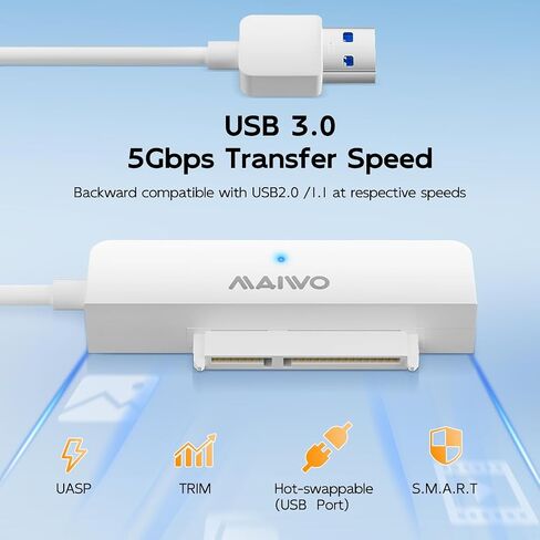 MAIWO SATA to USB Cable, USB 3.0 to 2.5 Inch SATA I/II/III Hard Drive Adapter, USB Type-A to SATA SSD/HDD Reader, External Hard Drive Converter up to 8TB Capacity, White in Kuwait