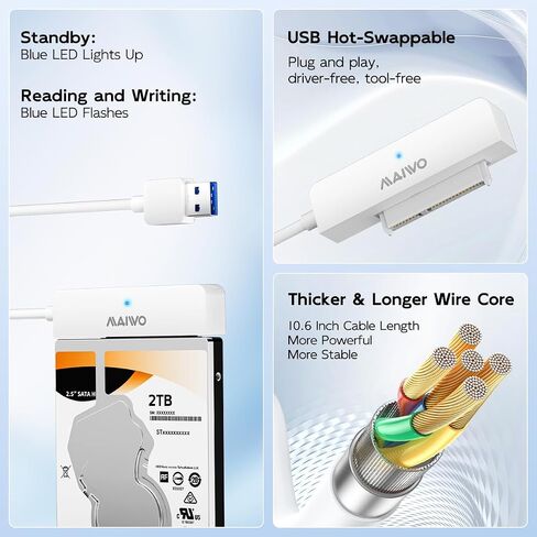 MAIWO SATA to USB Cable, USB 3.0 to 2.5 Inch SATA I/II/III Hard Drive Adapter, USB Type-A to SATA SSD/HDD Reader, External Hard Drive Converter up to 8TB Capacity, White in Kuwait