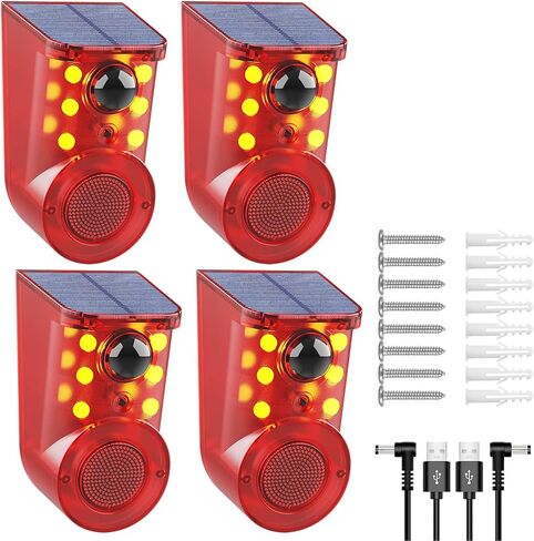 ChunHee Solar Outdoor Motion Sensor Alarm 3 Working Mode Motion Activated Alarm 120dB Loud Sound Noise Maker IP65 Waterproof Motion Detector with Strobe Light for Yard Farm Garden (4PC) in Kuwait