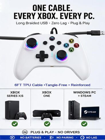 Enstixsm Wired Controller for Xbox,Turbo Macro,RGB Light,Gaming,White in Saudi Arabia