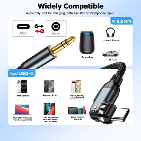 كابل USB C دوار 540 درجة إلى كابل AUX 3.5 ملم للسيارة بطول 3.3 قدم، من النوع C إلى كابل الصوت in Kuwait