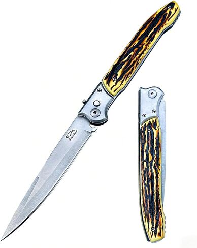 12" Large Push Button Lock Pocket Knife, Slide Safety Lock, 420 Stainless Steel Blade, Tiger Stripe Resin Handle, Outdoor EDC Knife for Camping Hiking Fishing, Ideal Gift in Saudi Arabia