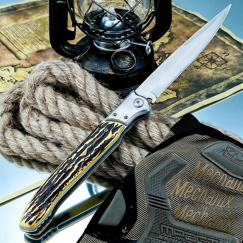 12" Large Push Button Lock Pocket Knife, Slide Safety Lock, 420 Stainless Steel Blade, Tiger Stripe Resin Handle, Outdoor EDC Knife for Camping Hiking Fishing, Ideal Gift in Saudi Arabia