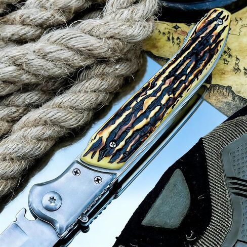 12" Large Push Button Lock Pocket Knife, Slide Safety Lock, 420 Stainless Steel Blade, Tiger Stripe Resin Handle, Outdoor EDC Knife for Camping Hiking Fishing, Ideal Gift in Saudi Arabia