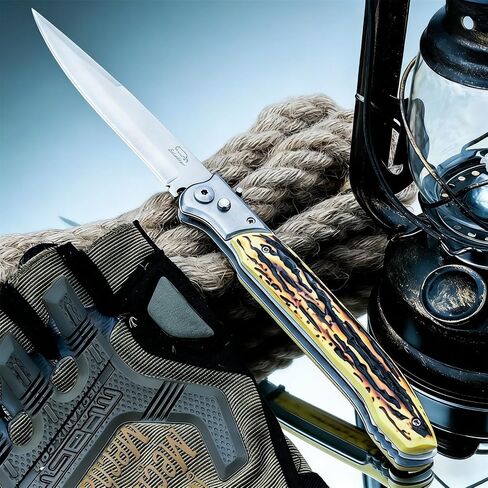 12" Large Push Button Lock Pocket Knife, Slide Safety Lock, 420 Stainless Steel Blade, Tiger Stripe Resin Handle, Outdoor EDC Knife for Camping Hiking Fishing, Ideal Gift in Saudi Arabia