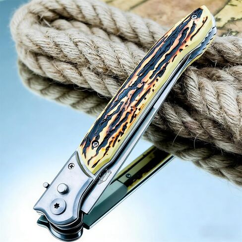 12" Large Push Button Lock Pocket Knife, Slide Safety Lock, 420 Stainless Steel Blade, Tiger Stripe Resin Handle, Outdoor EDC Knife for Camping Hiking Fishing, Ideal Gift in Saudi Arabia