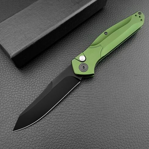 7.7'' Manually operated button-lock knife Black Coated D2 Steel Blade Green Aluminum Alloy Handles Pocket Folding Knife EDC Camping Fishing Tool with Pocket Clip in Saudi Arabia