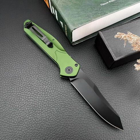 7.7'' Manually operated button-lock knife Black Coated D2 Steel Blade Green Aluminum Alloy Handles Pocket Folding Knife EDC Camping Fishing Tool with Pocket Clip in Saudi Arabia