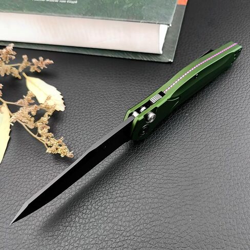 7.7'' Manually operated button-lock knife Black Coated D2 Steel Blade Green Aluminum Alloy Handles Pocket Folding Knife EDC Camping Fishing Tool with Pocket Clip in Saudi Arabia