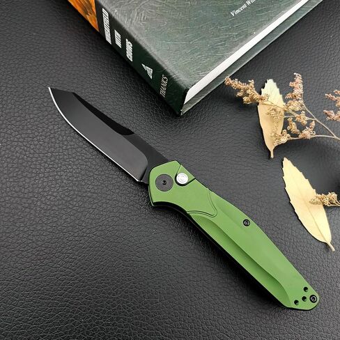 7.7'' Manually operated button-lock knife Black Coated D2 Steel Blade Green Aluminum Alloy Handles Pocket Folding Knife EDC Camping Fishing Tool with Pocket Clip in Saudi Arabia