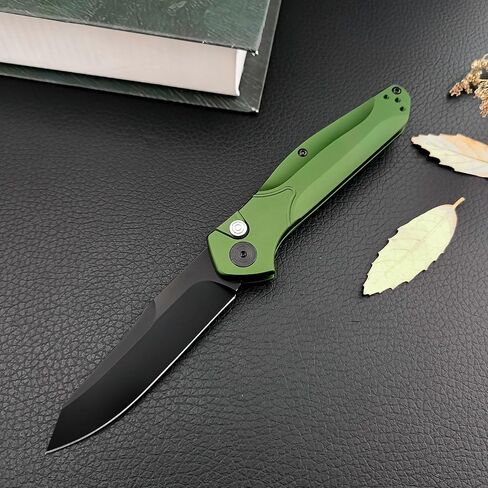 7.7'' Manually operated button-lock knife Black Coated D2 Steel Blade Green Aluminum Alloy Handles Pocket Folding Knife EDC Camping Fishing Tool with Pocket Clip in Saudi Arabia