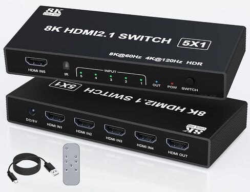 محول HDMI 4k@120 هرتز 8K@60 هرتز - 5 في 1 مخرج HDMI 2.1 محدد موسع منفذ صندوق التبديل مع دعم عن بعد 3D/HDR/HDCP2.3، متوافق مع PS 5/4/3 Xbox DVD Player TV PC HDMI Multiport Switcher in Kuwait