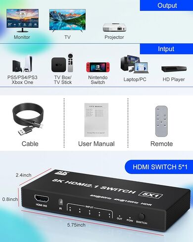 محول HDMI 4k@120 هرتز 8K@60 هرتز - 5 في 1 مخرج HDMI 2.1 محدد موسع منفذ صندوق التبديل مع دعم عن بعد 3D/HDR/HDCP2.3، متوافق مع PS 5/4/3 Xbox DVD Player TV PC HDMI Multiport Switcher in Kuwait