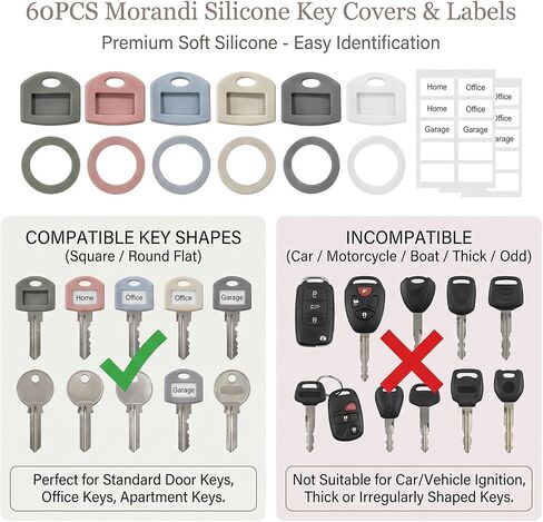 60PCS Silicone Key Covers with Labels – Dual Shape Set (30 Flat + 30 Round) Key Caps with Writable Inserts, 6 Pastel Colors Key Identifiers for Home & Office Organization, Fits Standard House Keys in Saudi Arabia