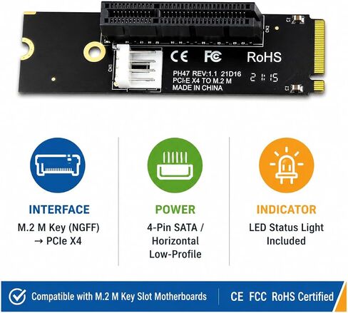 بطاقة Riser NGFF M.2 إلى PCIe X4، ومحول فتحة M Key M.2 إلى PCI Express X4 مع مؤشر حالة LED ومصدر طاقة أفقي بأربعة سنون لأجهزة الكمبيوتر المكتبية الخاصة بجهاز تعدين التشفير in Kuwait