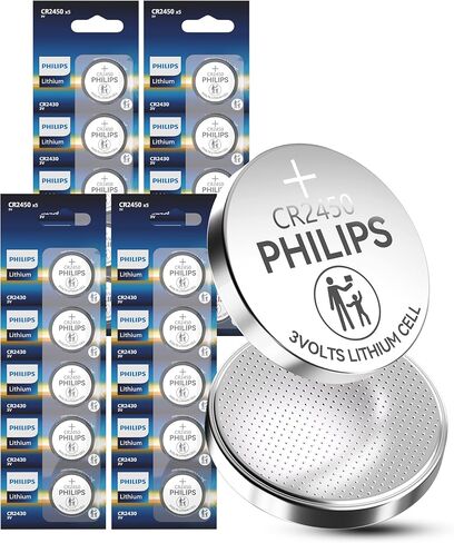 Philips CR2450 3V Lithium Button Cell Battery, 5 Pack, 10 Year Shelf Life Leak Proof, Child Resistant Packaging Works with Key Fob & Home Electronics in Saudi Arabia