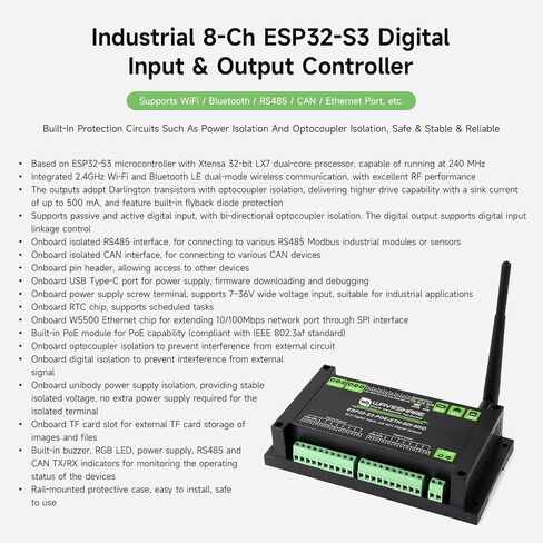 Waveshare Industrial ESP32-S3 Control Board with 8-Channel Digital Input & Output, Built-in Xtensa 32-bit LX7 Dual-core Processor, Up to 240MHz, with Multiple Isolation Protection Circuits in Saudi Arabia