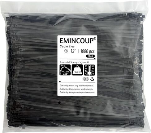 Zip Ties 12 inch 1000 Pack Black, 50 lbs Tensile Strength, Self-Locking Nylon Cable Ties, UV Resistant Plastic Wire Ties for Indoor and Outdoor Use by EMINCOUP in Kuwait