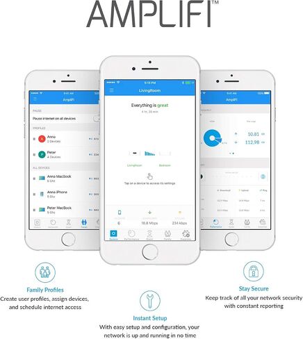 AmpliFi Instant Wifi System by Ubiquiti Labs, Seamless Whole Home Wireless Internet Coverage, Wifi Router & Mesh Point, 1 Gigabit Ethernet, 1 WAN Port, Ethernet Cable, Replaces Router & WiFi Extenders in Kuwait