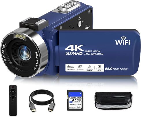 Video Camera, 4K Camcorder 56MP Digital Video Recorder 18X Zoom 3" 270° Rotation Touchscreen IR Night Vision, Wifi Vlogging Camera for YouTube 64GB Card Anti-Shake Remote Control Camera Bag Lens Cap in Kuwait
